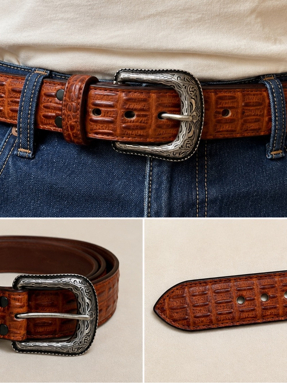 Cavender’s Men’s Brown Embossed Leather Western Belt Silver Engraved Buckle